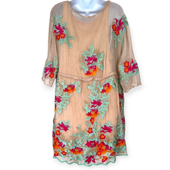 Soft Surroundings | XL | Embroidered Round-Neck Silk Tunic Coverup Sheer Cami - Picture 6 of 8